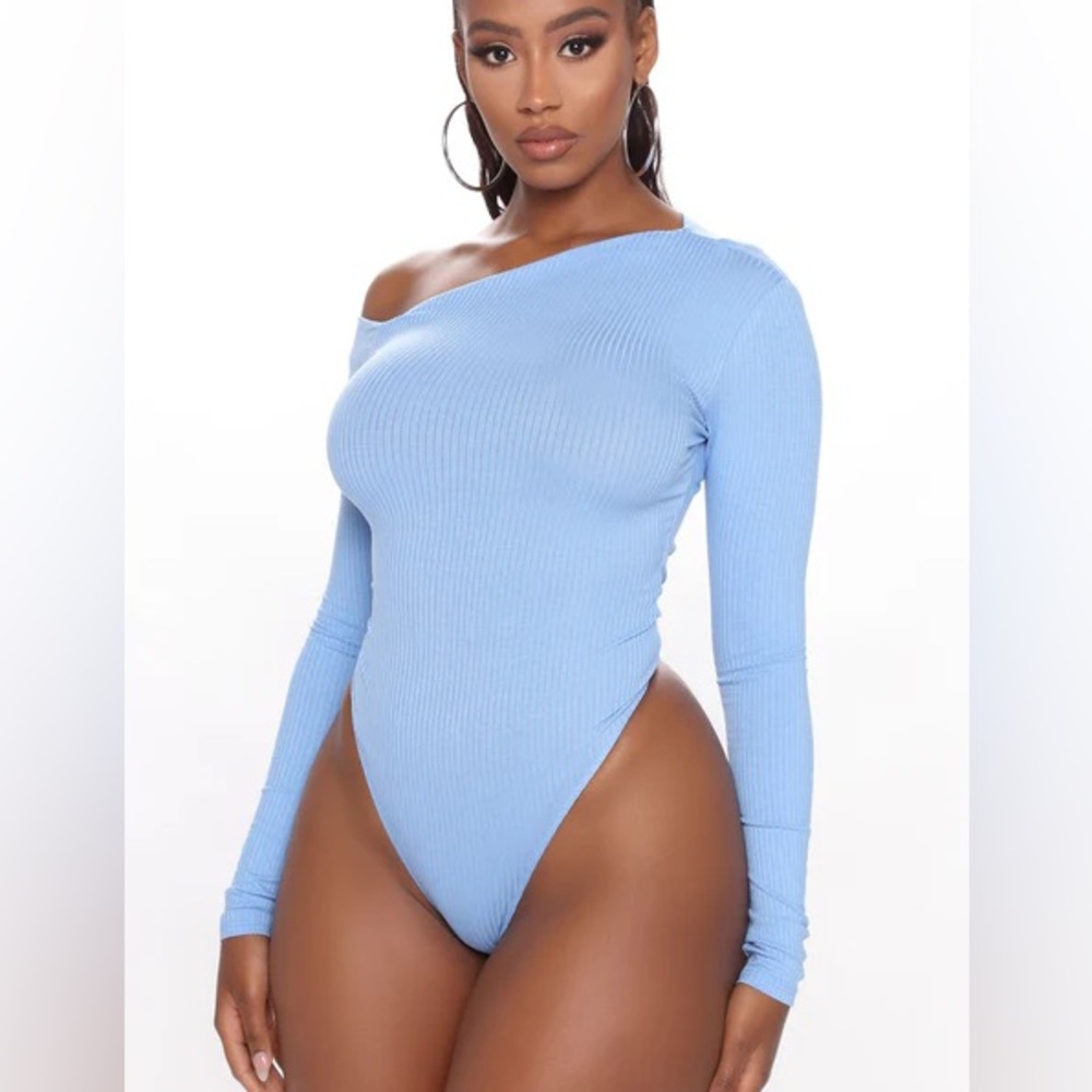 Fashion Nova Carla One-Shoulder Light Blue Bodysuit